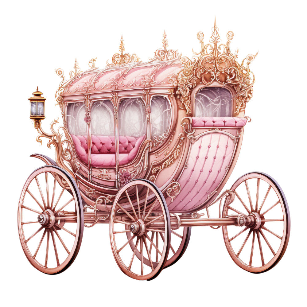 pink carriage, ornate coach, royal transport, rose gold, blush pink, decorative scrollwork, baroque details, lantern light, spoked wheels, luxurious seating, tufted upholstery, fairy tale, princess carriage, elegant transportation, vintage coach, ornamental design, romantic style, fabric panel, quilting cotton, fantasy theme