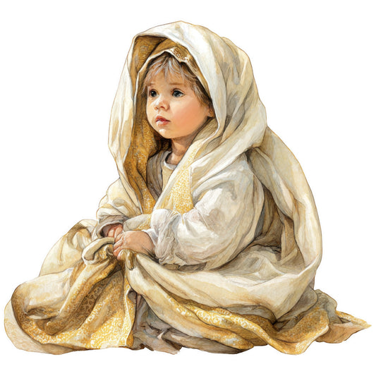 cream, ivory, gold, brown, beige, child figure, nativity scene, religious, christmas, watercolor style, fabric panel, quilting cotton, soft tones, biblical, holiday themed, draped fabric, infant, gentle artwork, seasonal panel, cotton fabric