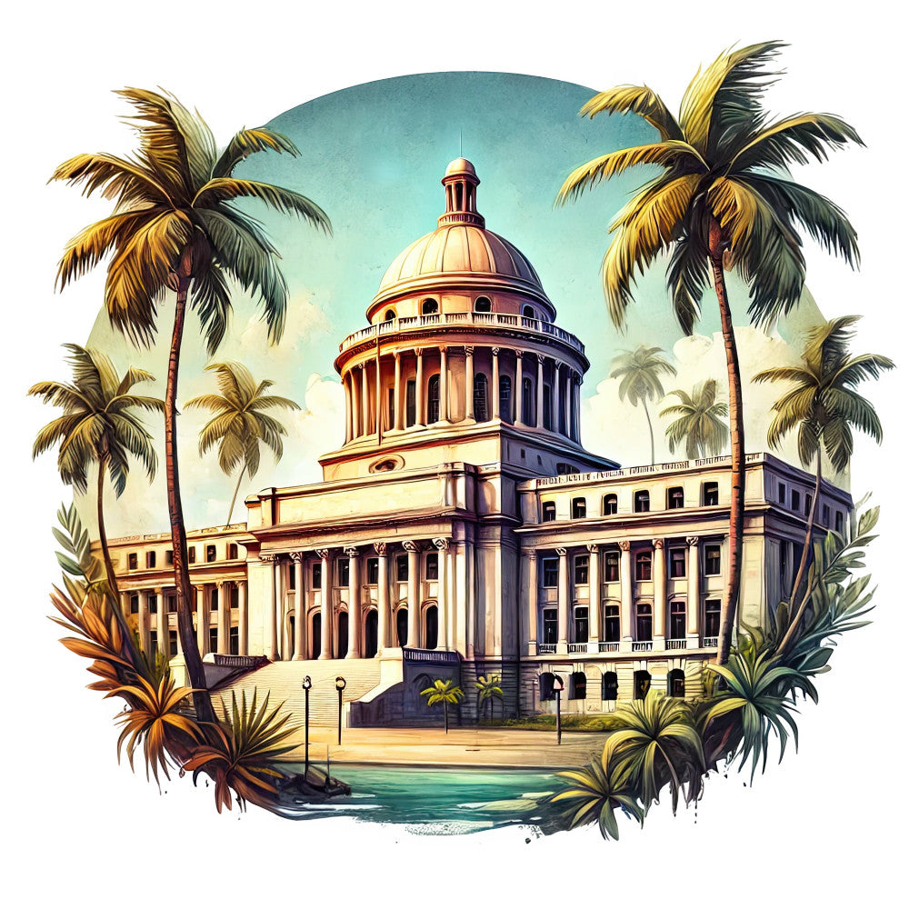 cream, gold, turquoise, teal, warm beige, architectural, building, dome, neoclassical, tropical, palm trees, vintage, elegant, sophisticated, travel, destination, government building, capitol, historic, summer, botanical, landscape, scenic, classic, traditional, ornate, columns, nature, wanderlust