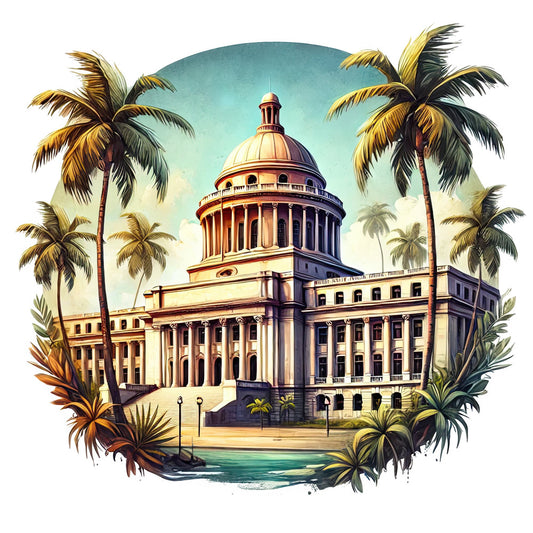 cream, gold, turquoise, teal, warm beige, architectural, building, dome, neoclassical, tropical, palm trees, vintage, elegant, sophisticated, travel, destination, government building, capitol, historic, summer, botanical, landscape, scenic, classic, traditional, ornate, columns, nature, wanderlust