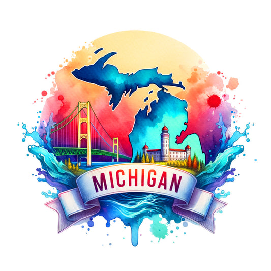 US States Retro Travel Fabric Panel 38 featuring a vibrant Michigan design with Great Lakes, bridge, lighthouse, and watercolor effect.