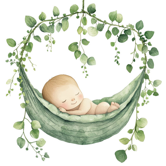 sage green, soft green, cream, pale green, light green, botanical, nature, baby, sleeping baby, peaceful, whimsical, gentle, nursery, leaves, leaf, hanging vines, ivy, trailing plants, dreamy, serene, calming, gender neutral, watercolor, illustration, infant, newborn, spring, soft pastoral, delicate, sweet