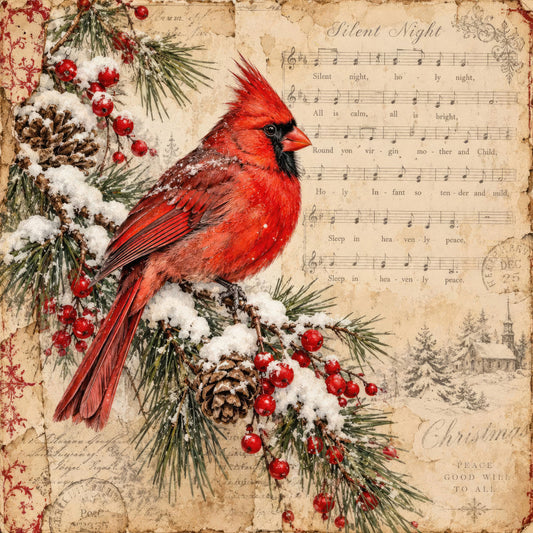 cardinal red, deep red, forest green, cream, vintage beige, tan, snow white, holiday, christmas, winter, vintage, rustic, elegant, traditional, cardinal bird, evergreen branches, pine cones, red berries, sheet music, nostalgic, old world, antique, festive, nature, wildlife, birds, snowflakes, peaceful, hymn, sacred