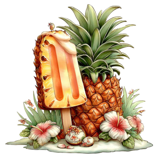 pineapple, tropical, fruit, summer, whimsical, nature, botanical, coral pink, golden yellow, forest green, cream, brown, popsicle, ice cream, playful, quirky, fun, childlike, illustrated, floral, hibiscus, leaves, insects, beetles, decorative, cute, cottage core, folk art, vintage, hand-painted style