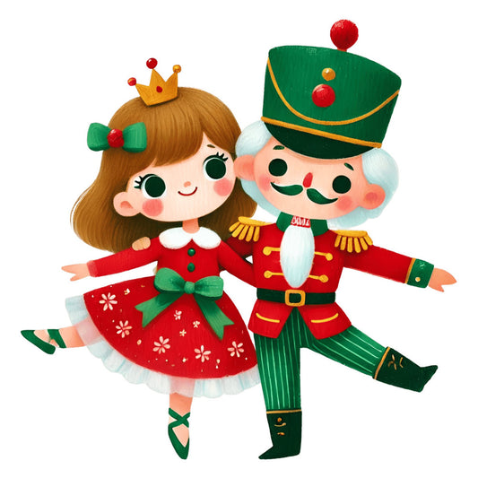 christmas, holiday, nutcracker, festive, red, forest green, gold, cream, whimsical, vintage, traditional, soldier, dancer, characters, decorative, seasonal, winter, nostalgic, classic, cheerful, bright, children's, playful, illustration, novelty, snow, festive design, seasonal decor