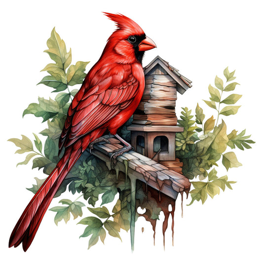 red cardinal, bird, birdhouse, wooden house, green foliage, leaves, branches, nature scene, wildlife, scarlet red, black mask, crest feathers, watercolor style, botanical elements, fabric panel, quilting cotton, bird watching, backyard birds, realistic illustration, spring theme