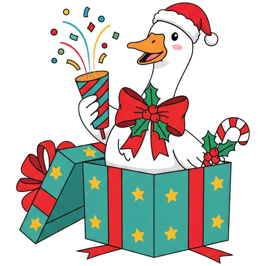 christmas duck, holiday goose, festive bird, santa hat, red and green, teal green, gold stars, confetti, party popper, candy cane, holly leaves, red bow, white goose, whimsical, cheerful, celebration, christmas theme, winter holiday, gift box, red ribbon, yellow stars, festive design, animal motif, character panel, holiday decoration, seasonal, jolly, playful style, christmas animal