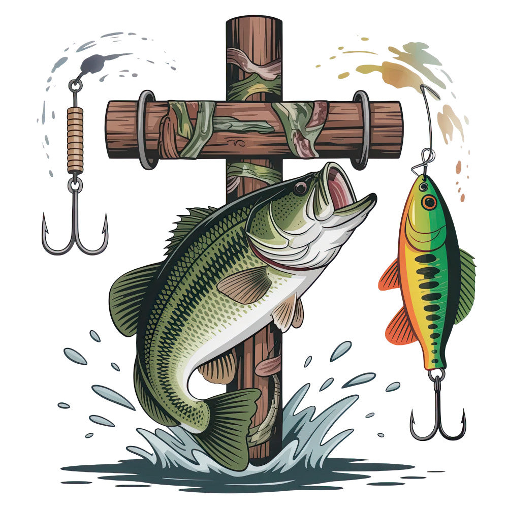 fish, bass, cross, wooden cross, fishing lures, hooks, green, brown, orange, yellow, water splash, fishing theme, outdoor, nature, religious symbol, fabric panel, quilting cotton, sporting goods, angling, tackle box