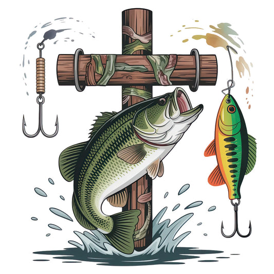 fish, bass, cross, wooden cross, fishing lures, hooks, green, brown, orange, yellow, water splash, fishing theme, outdoor, nature, religious symbol, fabric panel, quilting cotton, sporting goods, angling, tackle box