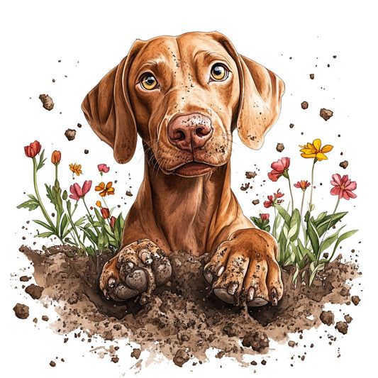 dog, brown, tan, cream, white, chocolate brown, rust, floral, nature, animals, pets, dog lover, muddy paws, playful, whimsical, rustic, farmhouse, spring flowers, cosmos, pink flowers, yellow flowers, red flowers, garden, outdoor, dirt, earth tones, watercolor style, illustrated, springtime, pet portrait