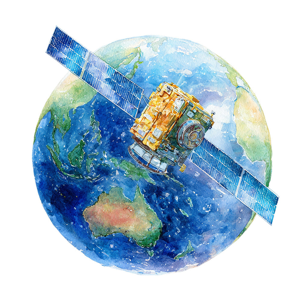 satellite, earth, globe, space, astronaut, technology, nasa, communications, solar panels, blue, golden yellow, deep blue, ocean blue, green, white, clouds, continents, world map, celestial, sci-fi, science fiction, educational, geography, modern, futuristic, space exploration, STEM, boys, children, wall hanging