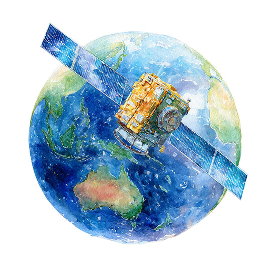 satellite, earth, globe, space, astronaut, technology, nasa, communications, solar panels, blue, golden yellow, deep blue, ocean blue, green, white, clouds, continents, world map, celestial, sci-fi, science fiction, educational, geography, modern, futuristic, space exploration, STEM, boys, children, wall hanging