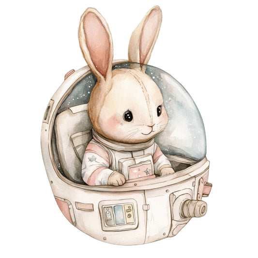 cute bunny, space rabbit, astronaut, nursery, whimsical, children's, baby, soft colors, cream, pale pink, dusty rose, sage green, soft blue, gray blue, stars, celestial, space theme, animal, woodland, gentle, sweet, storybook, illustration style, pastel, modern whimsical, kids fabric, gender neutral, moon and stars, adventure theme, space exploration