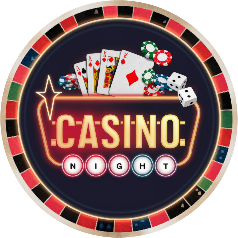 casino night, gambling theme, poker cards, dice, poker chips, roulette wheel, red black green, neon lights, star emblem, playing cards, ace king queen, fabric panel, quilting cotton, entertainment theme, game night, las vegas style, circular design, gold lettering, navy blue background, casino elements