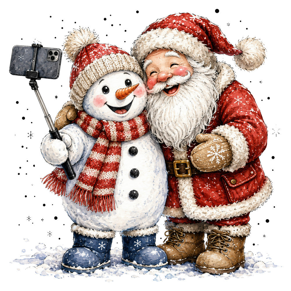 christmas, holiday, santa, snowman, red and white, cream, festive, whimsical, vintage, nostalgic, snow, winter, seasonal, selfie, modern, fun, playful, charming, folk art, traditional, red, navy blue, brown, carrot nose, snowflakes, gold accents, cozy, family, cheerful, decorative