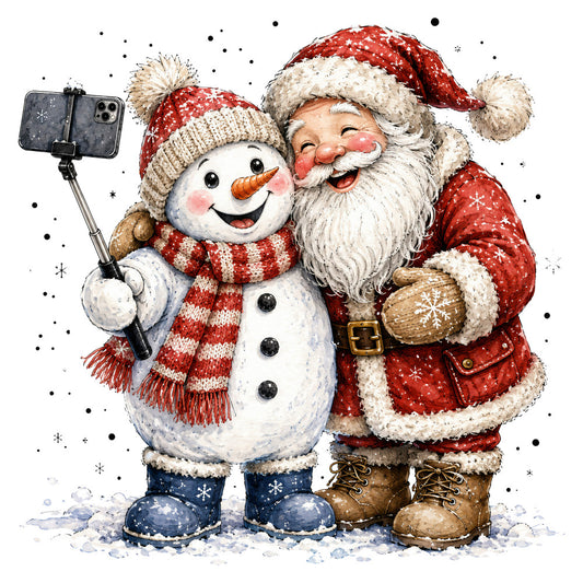 christmas, holiday, santa, snowman, red and white, cream, festive, whimsical, vintage, nostalgic, snow, winter, seasonal, selfie, modern, fun, playful, charming, folk art, traditional, red, navy blue, brown, carrot nose, snowflakes, gold accents, cozy, family, cheerful, decorative