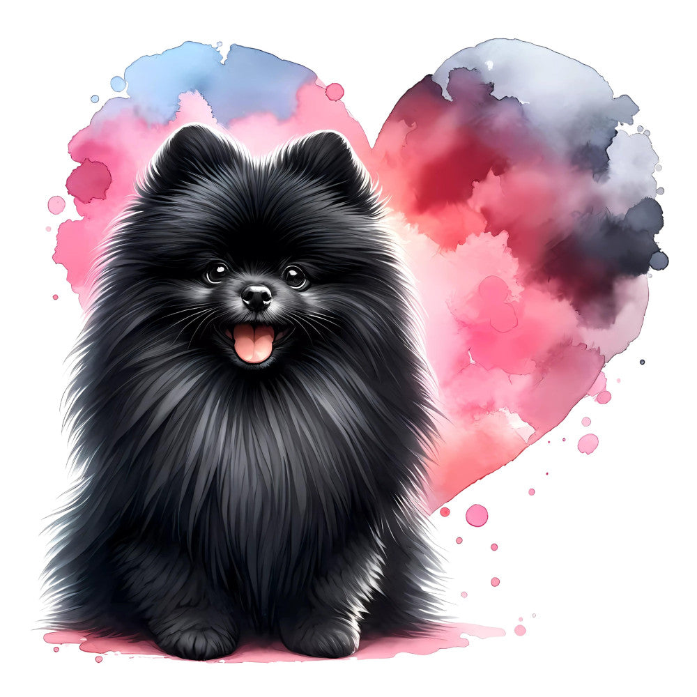 black pomeranian, fluffy dog, dog portrait, animal lover, pet themed, watercolor background, pink watercolor, dusty rose, soft pink, blush pink, cloud blue, lavender gray, charcoal black, whimsical, playful, cute animal, dog breed, small dog, cheerful, happy expression, watercolor splatter, artistic, modern art, contemporary, decorative panel, wall hanging, dog lover gift, pet owner fabric, children's design, kawaii style