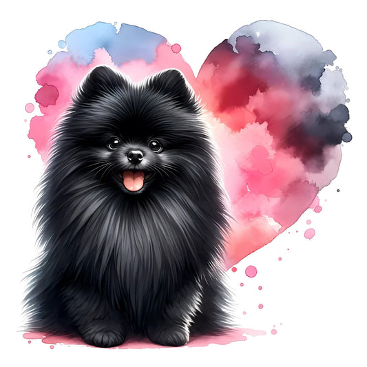 black pomeranian, fluffy dog, dog portrait, animal lover, pet themed, watercolor background, pink watercolor, dusty rose, soft pink, blush pink, cloud blue, lavender gray, charcoal black, whimsical, playful, cute animal, dog breed, small dog, cheerful, happy expression, watercolor splatter, artistic, modern art, contemporary, decorative panel, wall hanging, dog lover gift, pet owner fabric, children's design, kawaii style