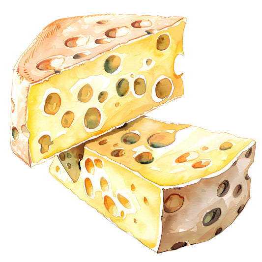 cheese, swiss cheese, food, kitchen, yellow, golden yellow, butter yellow, cream, tan, brown, beige, holes, realistic, novelty, whimsical, playful, farmhouse, rustic, food themed, culinary, cottage core, comfort food, deli, gourmet, fun prints, conversation print, home decor, cooking themed