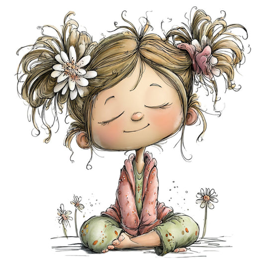 whimsical, girl, children, cute, flowers, floral, nature, spring, summer, daisy, seated figure, peaceful, gentle, soft colors, cream, tan, taupe, dusty rose, coral pink, sage green, olive green, woodland, botanical, playful, charming, illustration, storybook, innocence, meditation, mindfulness
