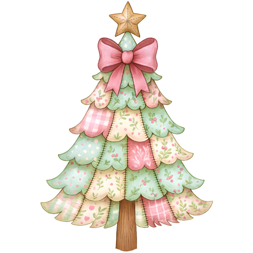 pink, green, cream, sage green, coral pink, christmas tree, patchwork design, quilted appearance, fabric panel, holiday theme, star topper, bow decoration, floral patterns, polka dots, gingham checks, pastel colors, festive, winter, quilting cotton, applique style