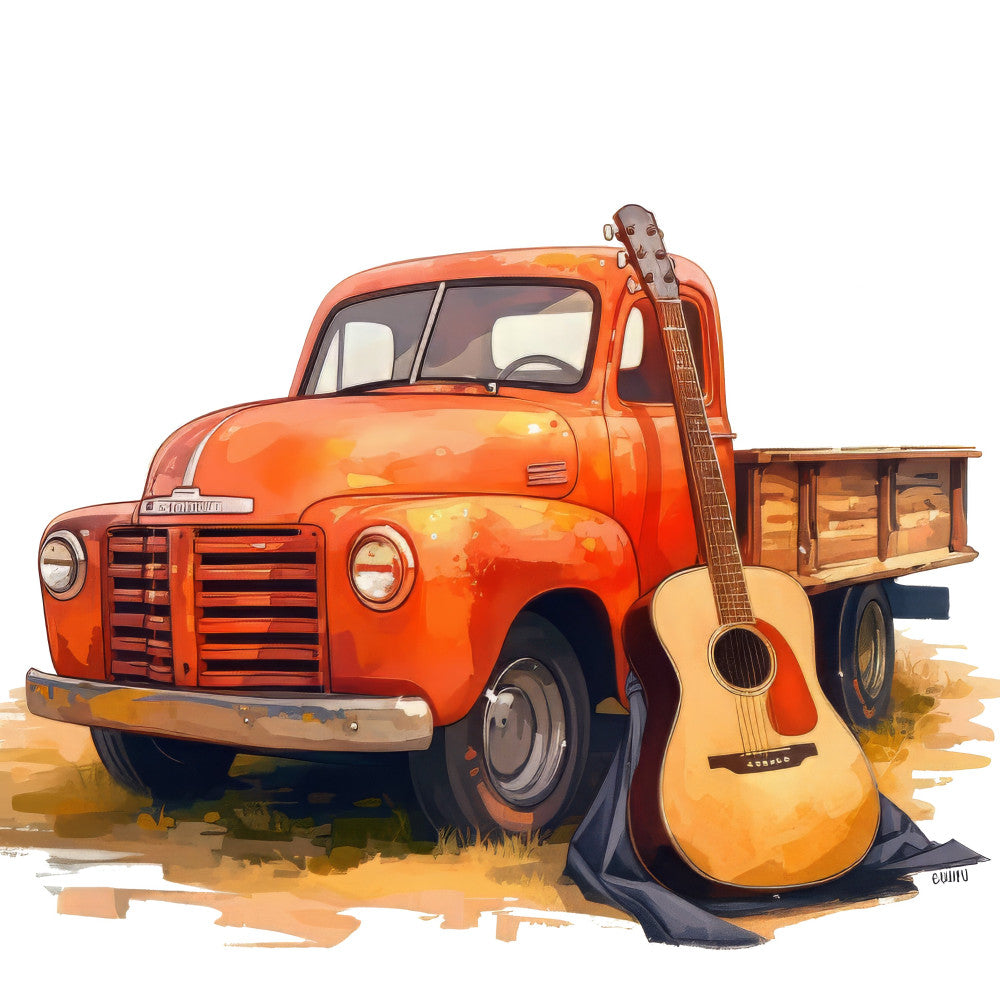 vintage truck, orange, cream, tan, golden yellow, rust brown, musical instruments, guitar, acoustic guitar, vintage vehicles, retro, Americana, country, farmhouse, rustic, folk music, western, nostalgic, transportation, classic vehicles, pickup truck, music themed, whimsical, americana folk art, country music, rural, vintage americana, illustration style, artistic, decorative panel