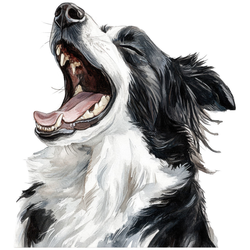 watercolor, border collie, dog portrait, black and white, gray, pink tongue, barking dog, animal artwork, fabric panel, quilting cotton, pet themed, realistic illustration, canine art, mouth open, fur texture, painted style, craft fabric, sewing panel, dog lover, artistic rendering