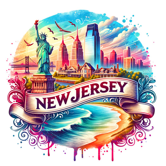 US States Retro Travel Fabric Panel 15 featuring New Jersey landmarks with vibrant colors on premium quilting cotton fabric.