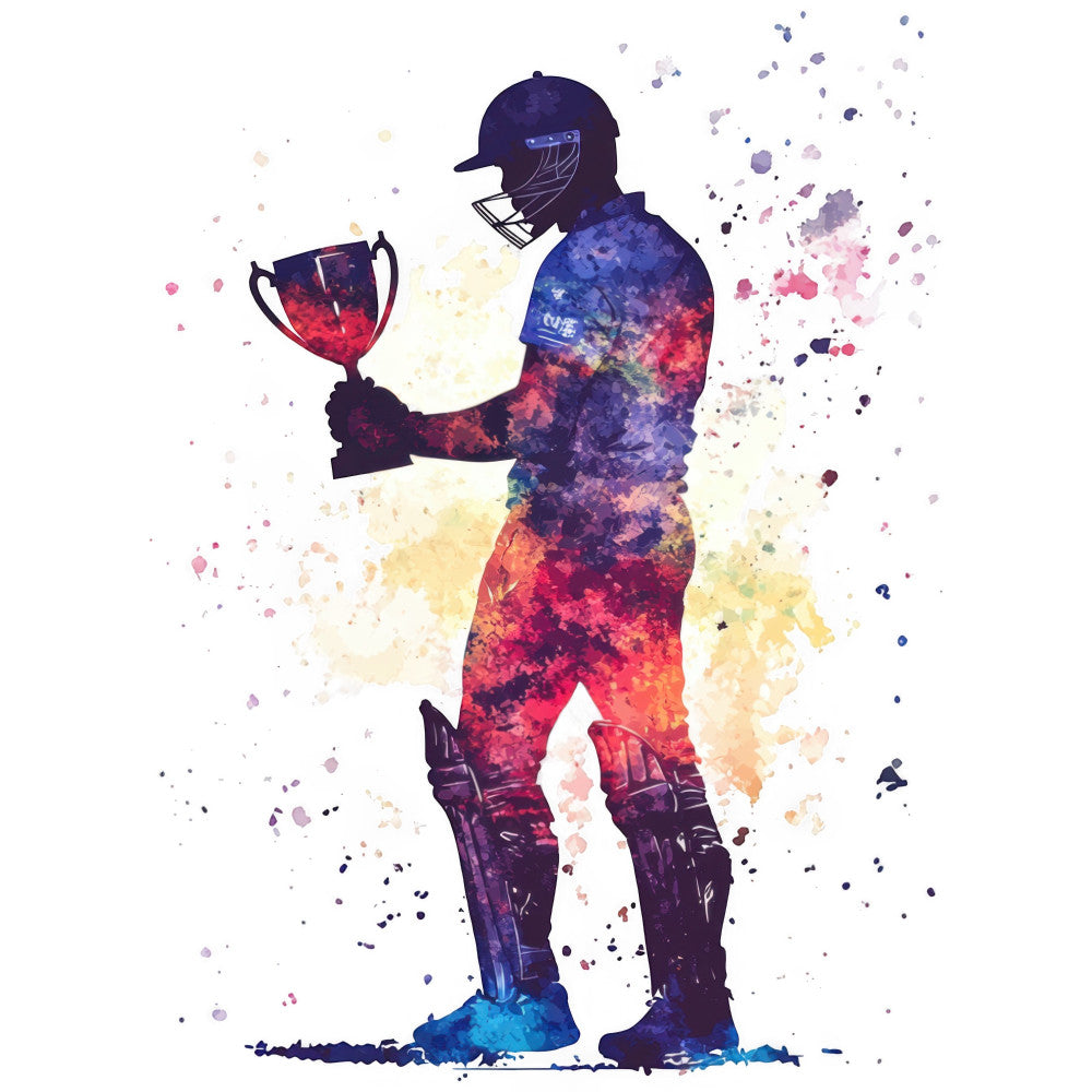 cricket, sports, watercolor, abstract, splatter, colorful, multi-color, navy blue, deep purple, coral pink, golden yellow, vibrant, modern, athletic, batsman, helmet, trophy, victory, celebration, dynamic, ink splash, paint splatter, youth, energetic, motivational, inspirational, sports fan, cricket lover