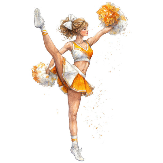 gold and white, orange and white, cheerleader, sports, athletic, youth, energetic, dynamic, jumping, celebration, school spirit, dance, performance, watercolor, illustration, figure, human, portrait, whimsical, modern, contemporary, gold accents, white accents, orange, gold, pom poms, pompoms, active wear, motivational, inspirational