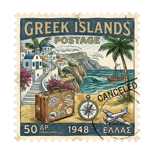 vintage postage stamp, greek islands, travel themed, nautical, coastal, mediterranean, sailboat, compass, suitcase, airplane, retro, 1948, cream, navy blue, teal blue, magenta pink, white buildings, palm tree, tropical, turquoise water, seaside village, postcard aesthetic, wanderlust, adventure, beige sand, whimsical, vintage travel, summer, wall hanging, home decor