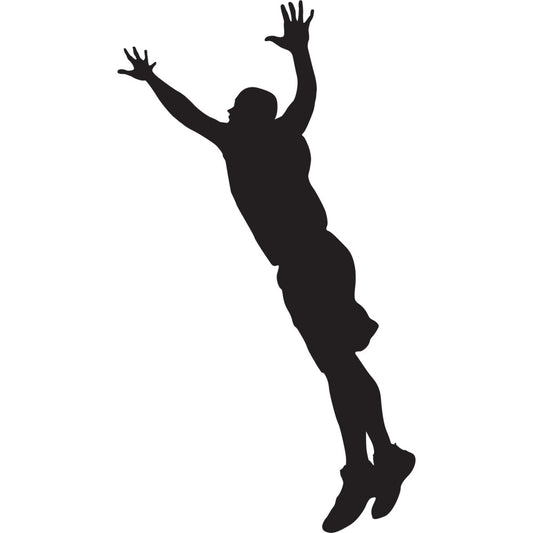 basketball, sports, silhouette, player, jumping, action, black, monochrome, athletic, modern, masculine, dynamic, motivational, youth, recreation, slam dunk, game day, gym decor, sports themed, contemporary, high energy, urban, graphic, black and white, competition, fitness, apparel, wall hanging, home decor
