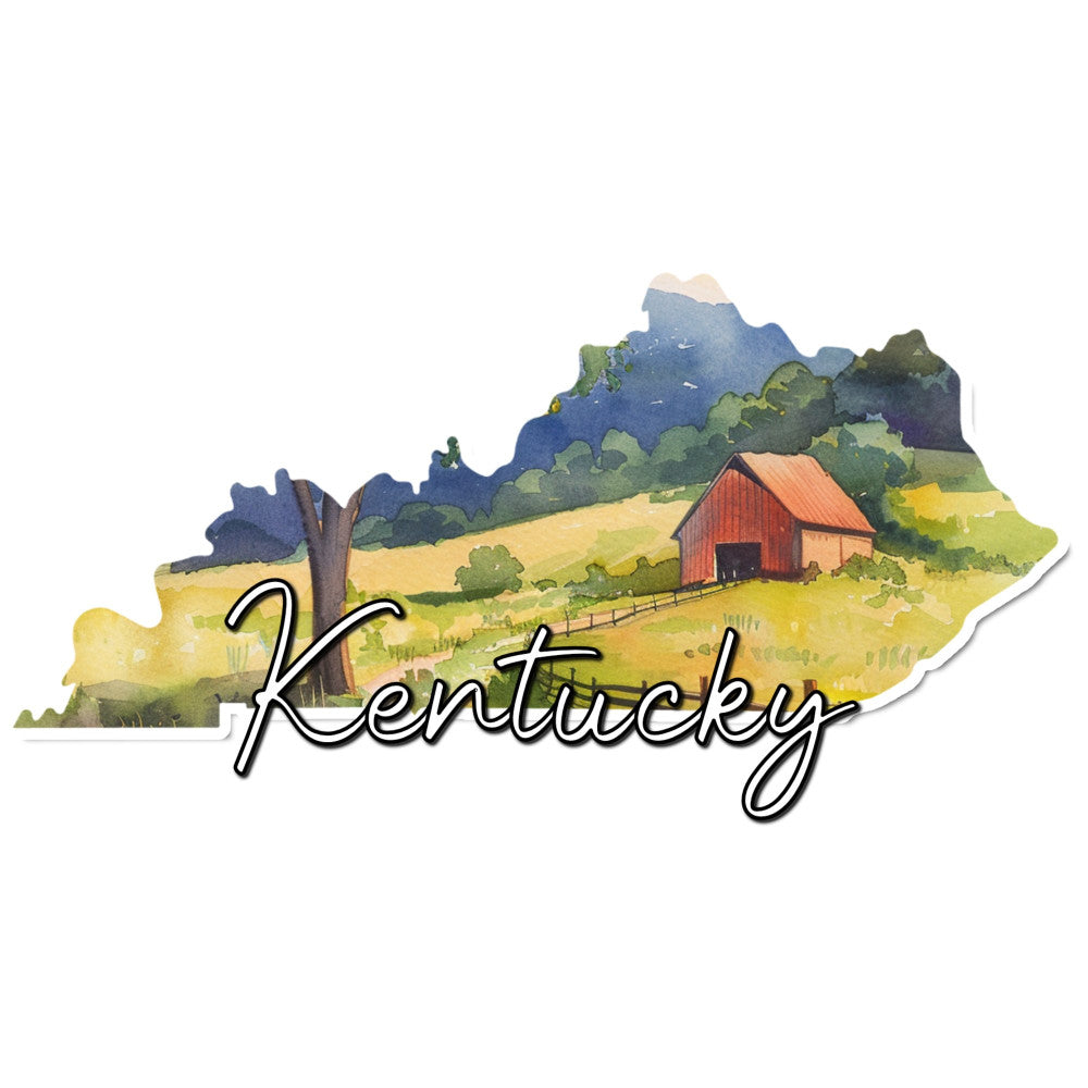 kentucky state, rolling hills, pastoral landscape, red barn, farmhouse, countryside, scenic, nature, mountains, forest green, golden yellow, navy blue, cream, rustic, traditional, americana, state pride, geographic, travel, novelty, barn motif, fence, pastoral, rural, agriculture, vintage americana, charming, homespun