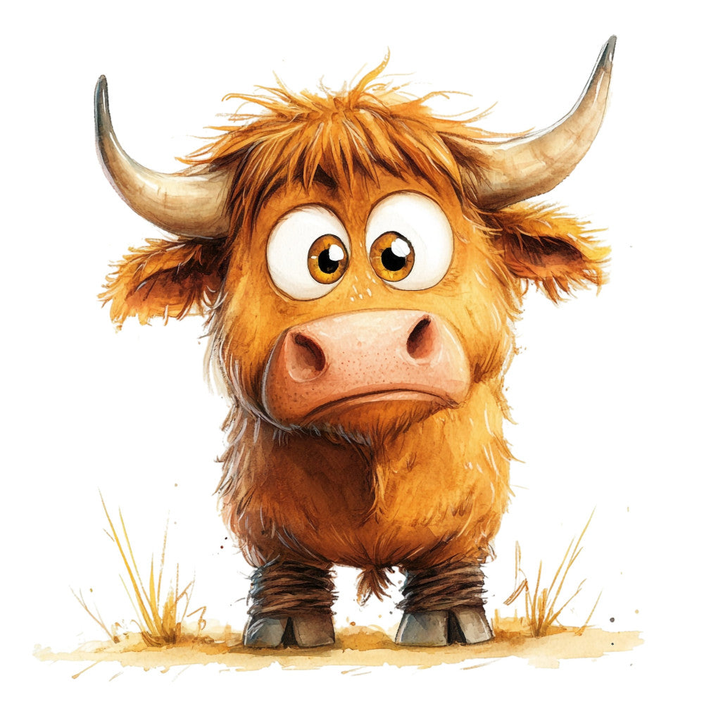 golden brown, tan, cream, burnt orange, rust, animal, highland cattle, bull, cow, whimsical, cute, funny, children's, farmhouse, rustic, folk art, watercolor, illustration, charming, playful, expressive, barn animals, livestock, countryside, pastoral, storybook, kids fabric, nursery, farm theme, quirky characters
