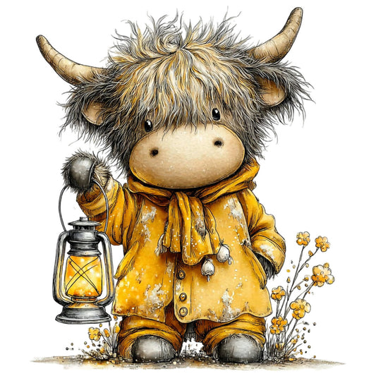 highland cow, cattle, farm animals, yellow, gold, cream, black, brown, tan, rustic, whimsical, farmhouse, cute animals, country, lantern, flowers, wildflowers, botanical, cozy, cottage core, children's, baby, folk art, illustration style, vintage farmhouse, autumn, warm tones, hand drawn, decorative, wildlife
