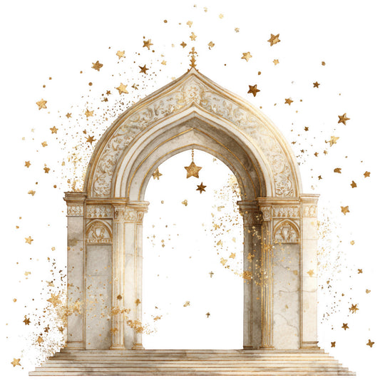 gold, cream, beige, archway, stars, islamic architecture, moorish arch, ornate columns, celestial, sparkling, fabric panel, quilting cotton, metallic accents, decorative pillars, stepped entrance, starry sky, golden speckles, neutral tones, architectural motif, spiritual gateway