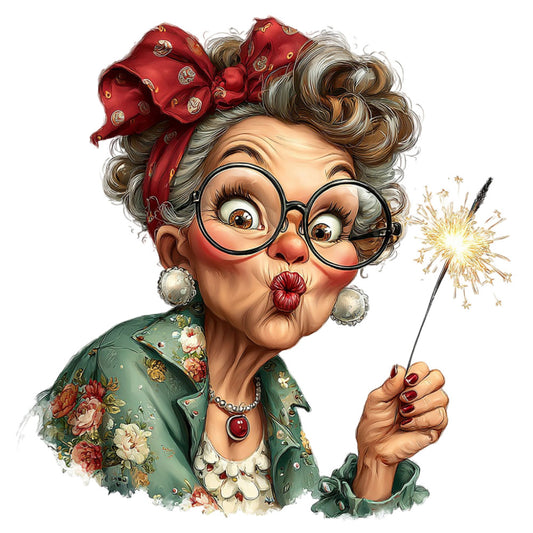 vintage lady, whimsical grandma, sage green, red bow, floral print, sparkler, festive, retro style, novelty print, character panel, whimsical portrait, vintage fashion, forest green, rose pattern, elegant lady, costume design, playful style, grandmother theme, holiday sparkle, floral dress, pearl earrings, vintage aesthetic, quirky character, decorative panel, statement print, vintage woman, botanical floral, jewel tones, timeless style, nostalgic design