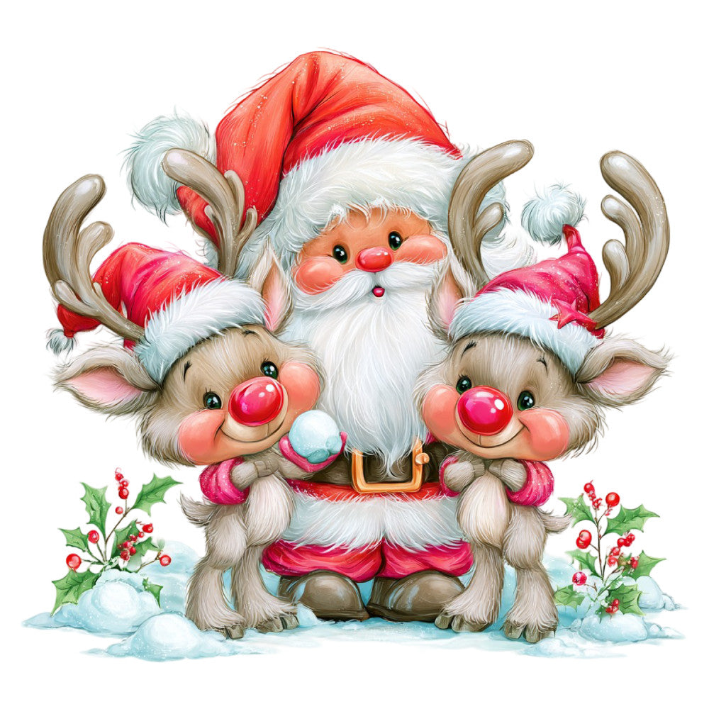 santa claus, reindeer, christmas, holiday, red, white, cream, coral pink, festive, whimsical, cute, cheerful, nostalgic, winter, snow, holly berries, traditional, retro, seasonal, children's, playful, joy, jolly, decorative, panel design, christmas animals, vintage style, magical, celebration, yuletide