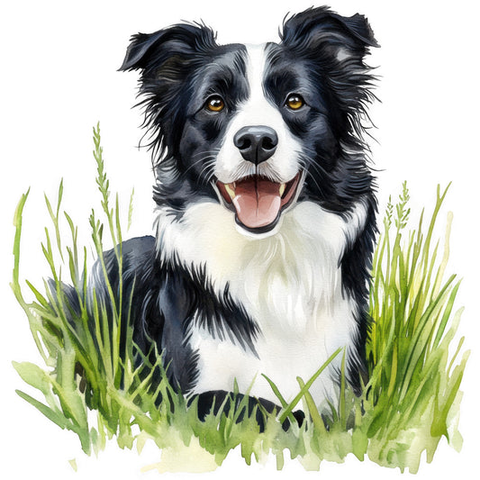 watercolor, border collie, dog portrait, black and white fur, amber eyes, pink tongue, green grass, nature scene, fabric panel, quilting cotton, pet themed, realistic artwork, soft brushstrokes, pastoral setting, animal lover, crafting material, sewing panel, dog breed, outdoor scene, happy expression