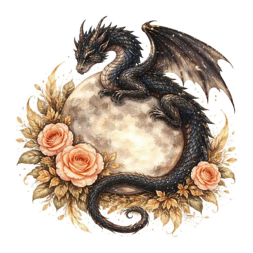 dragon, black dragon, moon, full moon, celestial, fantasy, roses, coral roses, peach roses, golden leaves, autumn, fall, dark fantasy, elegant, whimsical, magical, mythical creatures, nature, floral, dark colors, charcoal black, cream, gold accents, romantic, gothic, decorative, wall hanging, statement piece, dark moody