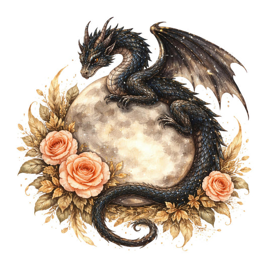 dragon, black dragon, moon, full moon, celestial, fantasy, roses, coral roses, peach roses, golden leaves, autumn, fall, dark fantasy, elegant, whimsical, magical, mythical creatures, nature, floral, dark colors, charcoal black, cream, gold accents, romantic, gothic, decorative, wall hanging, statement piece, dark moody