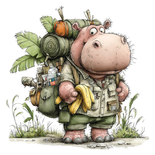 adventure, animals, backpack, banana, botanical, camping, cartoon, character, exploration, explorer, fabric panel, forest green, hiking, hippopotamus, khaki tan, nature, outdoor gear, quirky, rustic, safari, springs and grasses, tan, travel, whimsical, wildlife