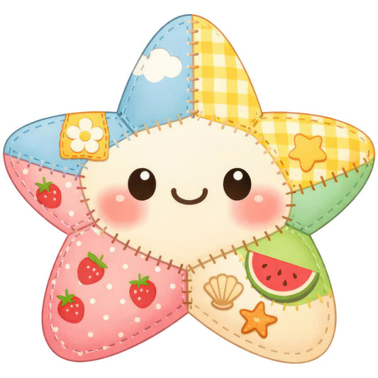 cute star, whimsical, kawaii, smiling face, happy expression, pastel colors, sky blue, pale yellow, coral pink, sage green, cloud motif, flower design, strawberry print, watermelon slice, starfish, seashell, summer theme, beach themed, playful style, cheerful design, patchwork aesthetic, stitched details, children's fabric, baby friendly, nursery decor, colorful multi-panel, fruit motifs, nature inspired, sweet design, innocent style