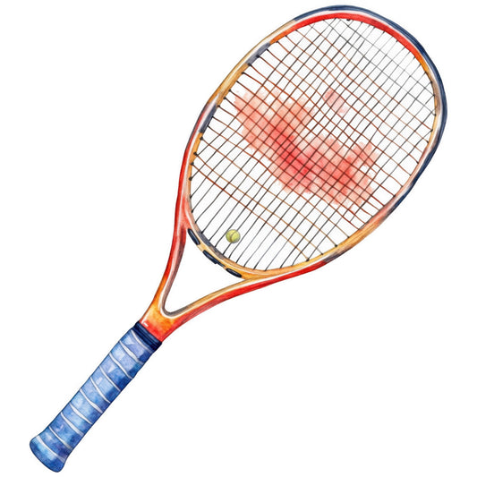 tennis racket, sports, athletic, recreation, red, orange, navy blue, gold, yellow, realistic, detailed illustration, sports equipment, racquet sport, tennis ball, active lifestyle, summer sport, competitive, modern, graphic design, illustrated, dimensional shading, colorful, vibrant, hobby themed, leisure activity, ball sport, court sport, athletic wear, sports fan
