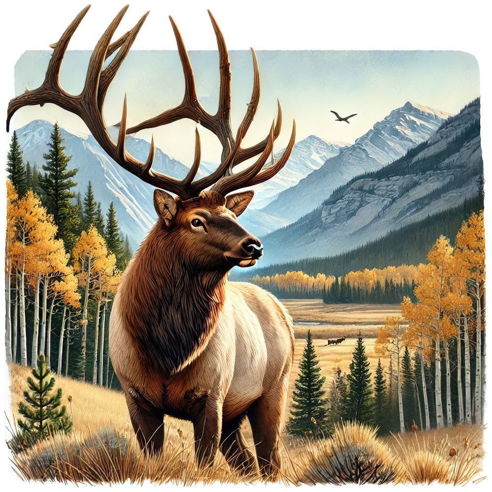 elk, antlers, mountains, autumn foliage, golden aspens, evergreen trees, wildlife, nature scene, landscape, brown tones, cream colors, golden yellow, forest green, blue mountains, fabric panel, quilting cotton, rocky mountains, fall season, majestic wildlife, scenic vista