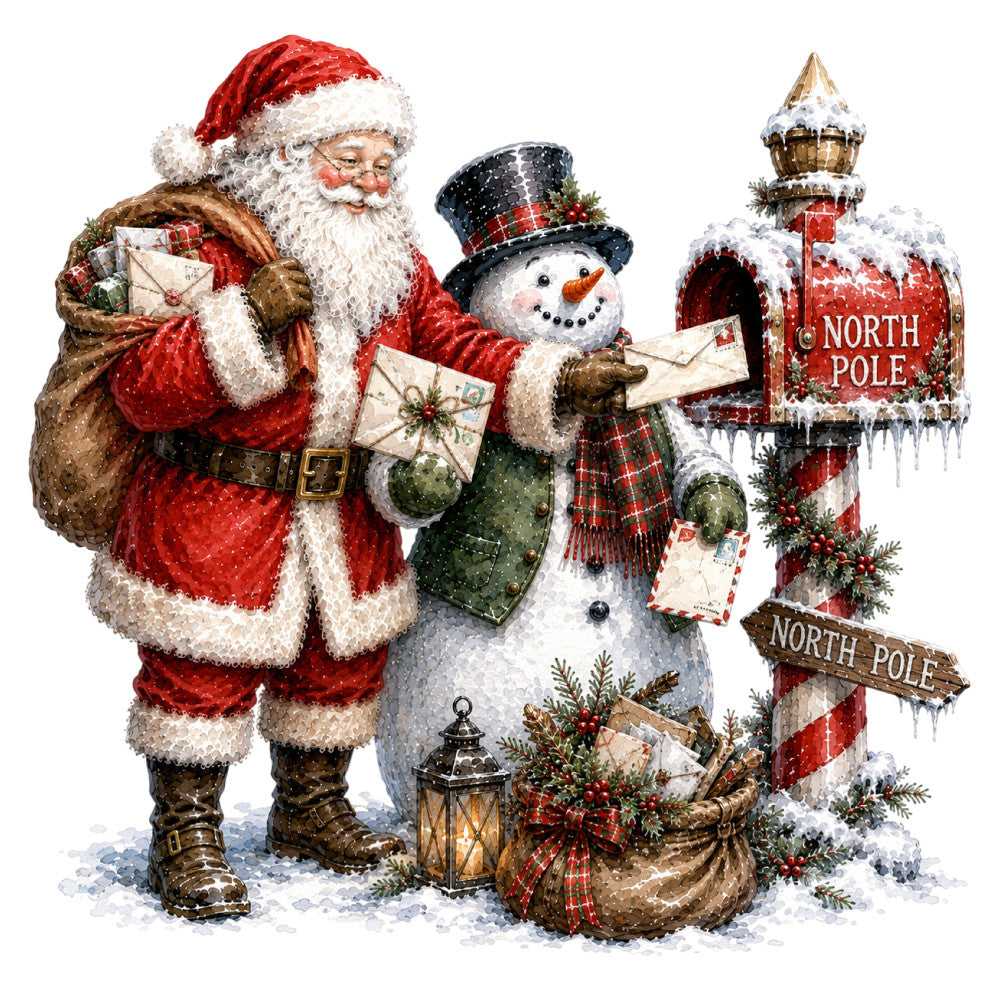 santa, snowman, christmas, holiday, north pole, red, white, cream, forest green, gold, brass, vintage, traditional, whimsical, nostalgic, letters, mail, festive, winter, snow, plaid, tartan, rustic, elegant, seasonal, children's, decorative panel, christmas scene, jolly, nostalgic holiday