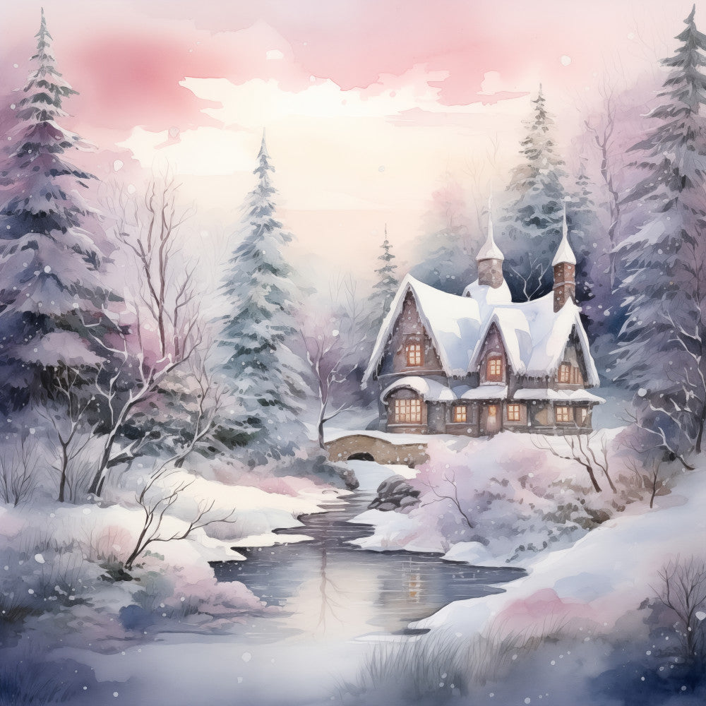 winter landscape, snowy forest, cottage, cabin, evergreen trees, pine trees, frozen stream, snow-covered, holiday, christmas, winter scene, fairy tale, storybook, whimsical, enchanted, dusty rose, soft pink, cream, navy blue, gray, lavender, twilight, dusk, peaceful, serene, rustic, traditional, elegant, nature scene, architectural