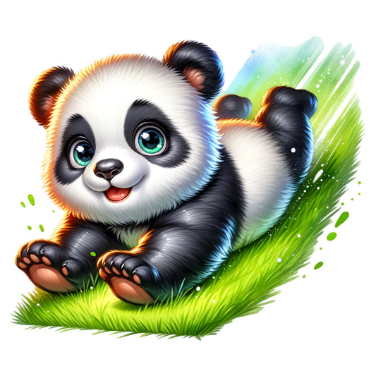 panda, cute animal, baby panda, black and white, green grass, turquoise eyes, fabric panel, quilting cotton, playful pose, adorable character, nature scene, children's fabric, nursery panel, soft colors, animal print, wildlife design, crafting material, sewing panel, cartoon style, cheerful mood