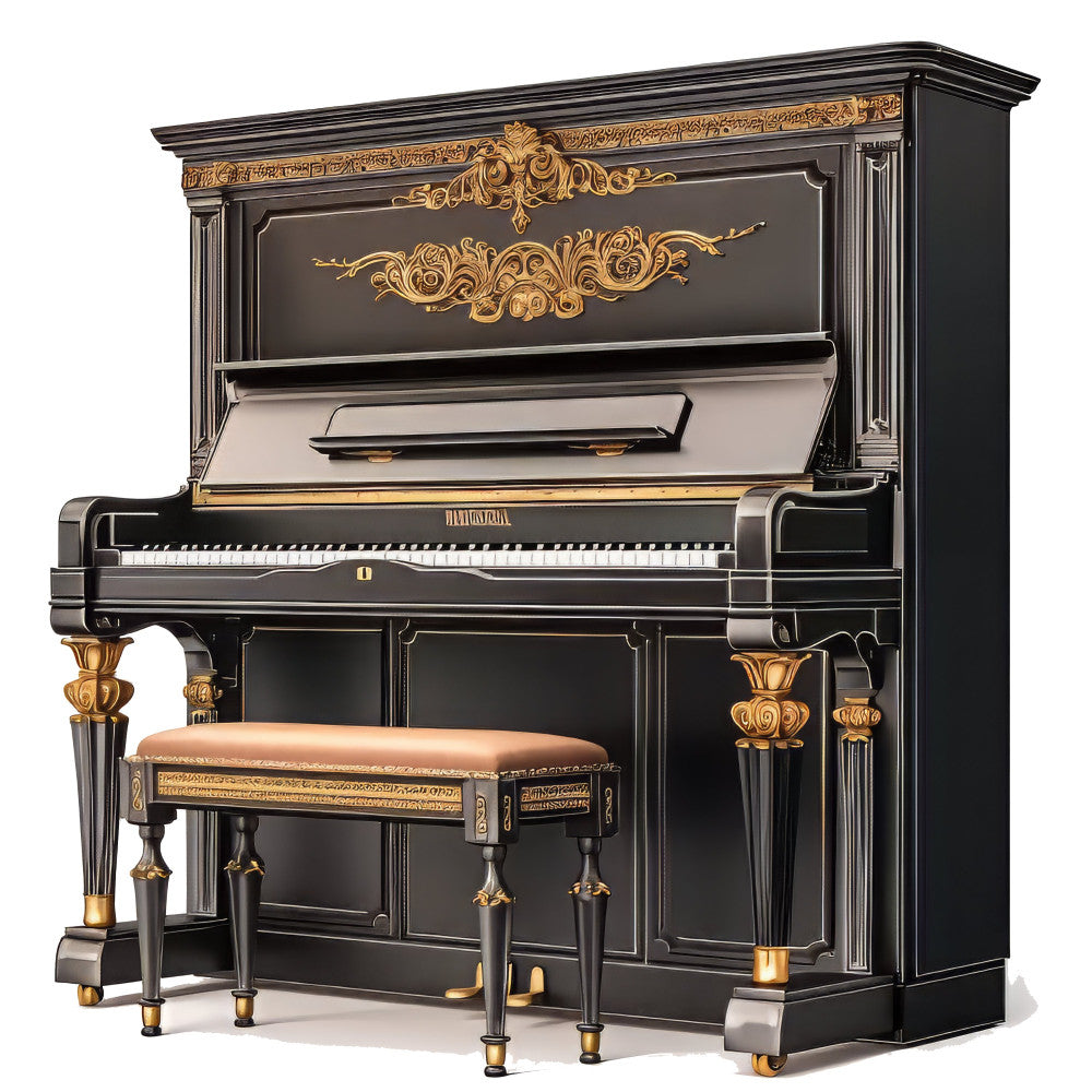 black, gold, ornate, classical, elegant, victorian, luxury, piano, musical instrument, vintage, baroque, decorative, embellished, traditional, sophisticated, grandiose, antique, detailed metalwork, gilded accents, formal, stately, prestige, fine arts, concert hall, performance, classic beauty, ornamental design, period style