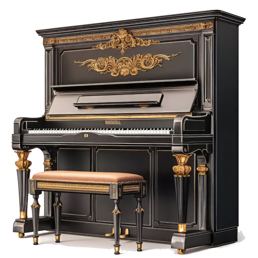 black, gold, ornate, classical, elegant, victorian, luxury, piano, musical instrument, vintage, baroque, decorative, embellished, traditional, sophisticated, grandiose, antique, detailed metalwork, gilded accents, formal, stately, prestige, fine arts, concert hall, performance, classic beauty, ornamental design, period style